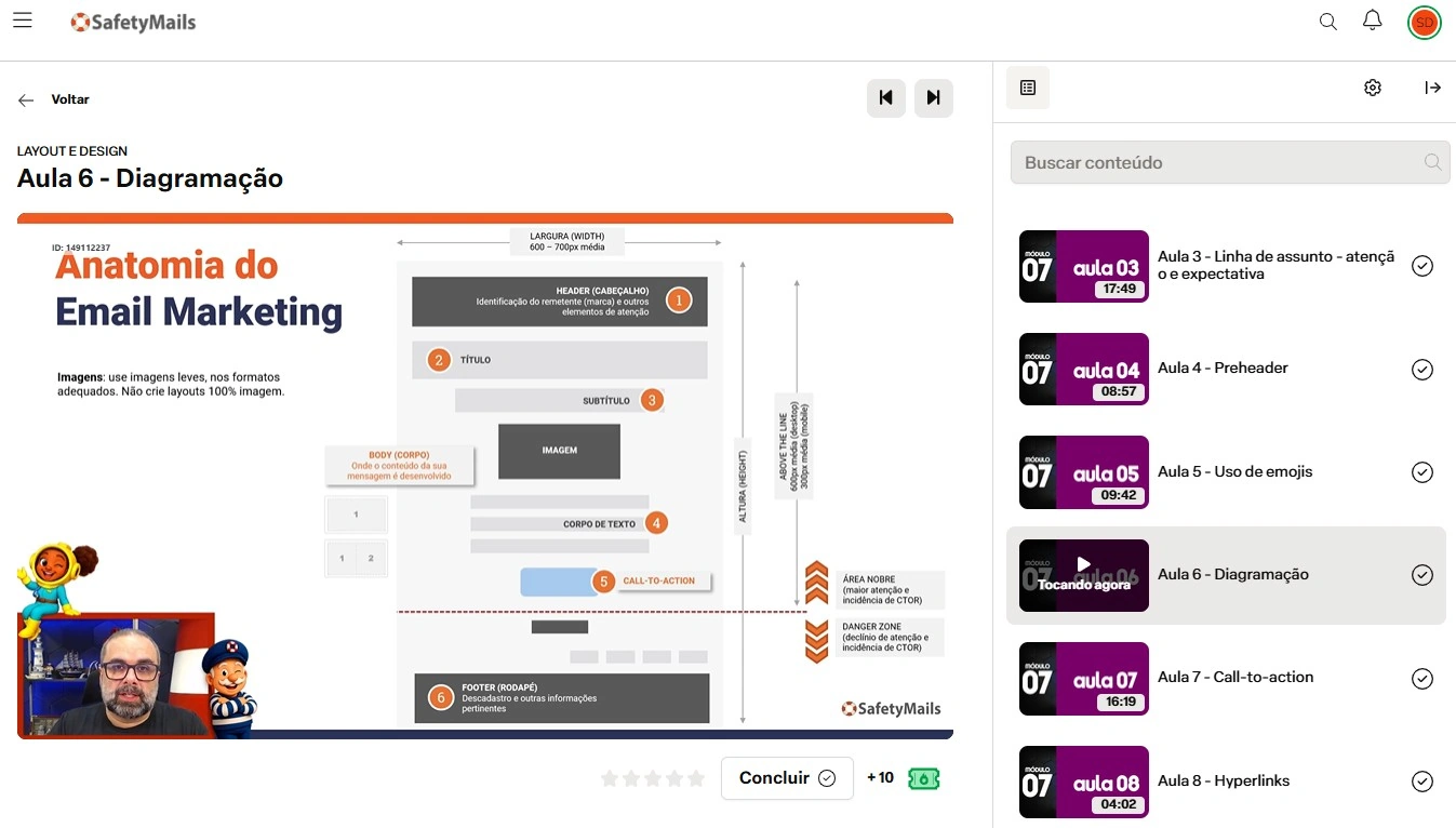 Área de membros do curso: uma aula sobre a anatomia de uma mensagem de email marketing, com a lista de aulas do módulo à direita