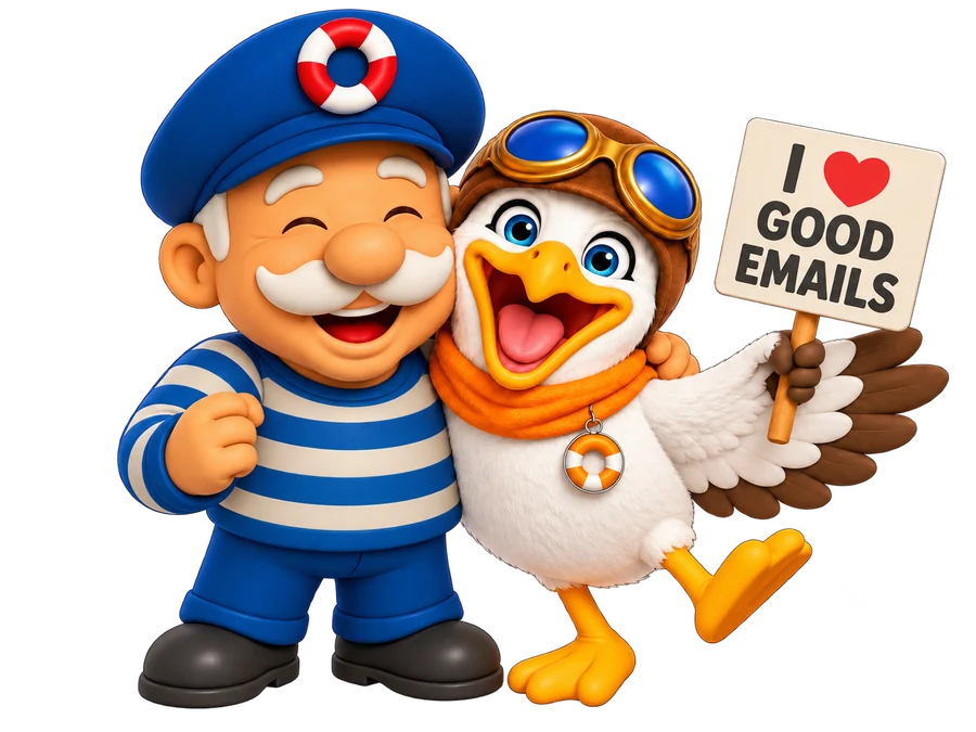 SafetyMails captain and seagull celebrating good emails