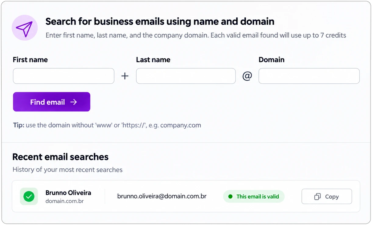 SafetyMails Email Finder: search a business email by first name, last name, and company domain