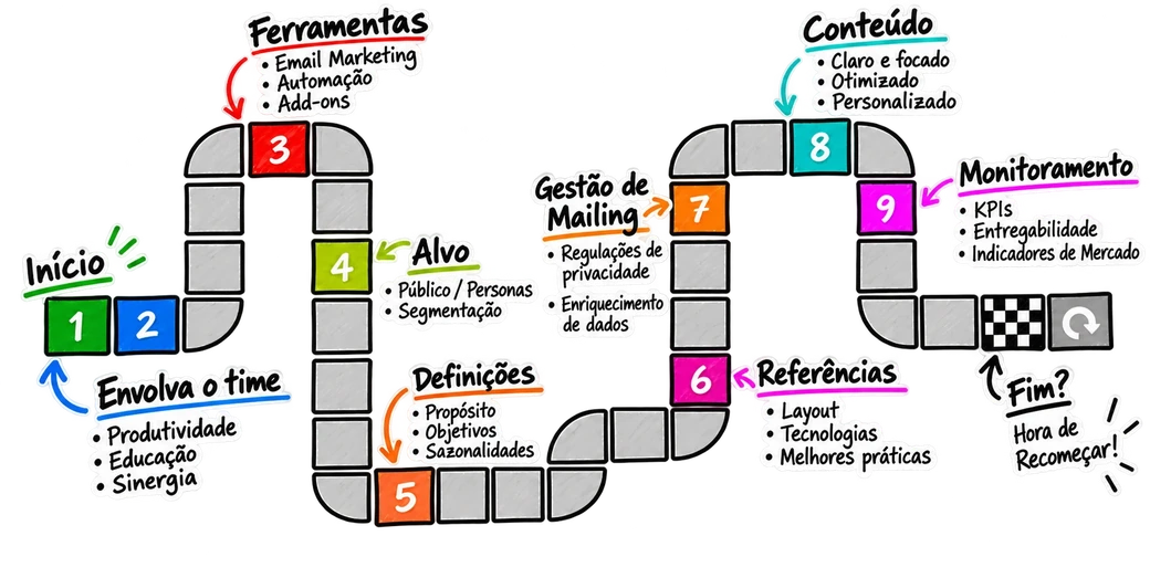 Roteiro estratégico de email marketing em nove etapas: envolver a equipe, ferramentas, público-alvo, definições, referências, gestão de mailing, conteúdo, monitoramento e recomeço