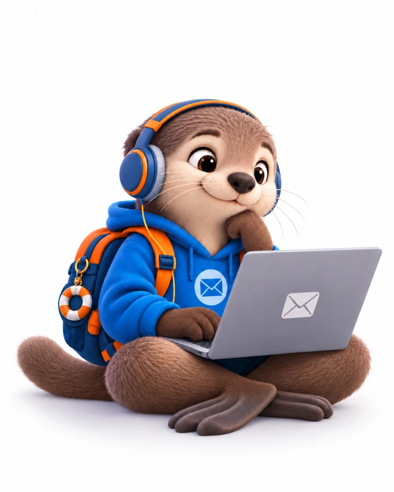 Mascote da SafetyMails Academy: uma lontra usando fones de ouvido e um moletom da SafetyMails, estudando em um laptop
